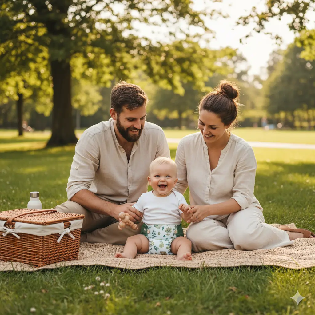 Eco-conscious family with baby wearing the best cloth diapers 2025 outdoors in a sunny park