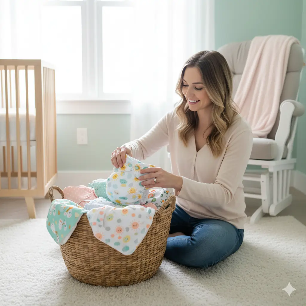 Mom folding best cloth diapers 2025 into a basket in a baby nursery