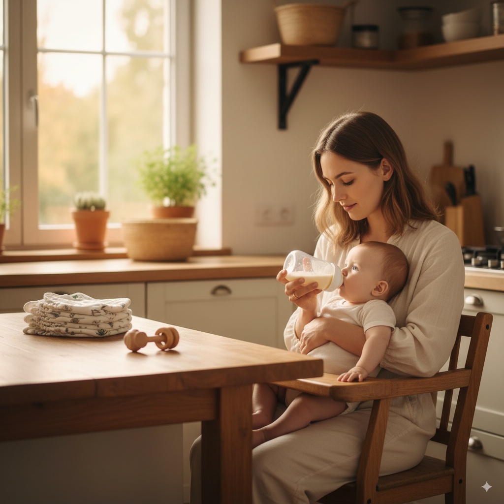 Mother feeding baby with a glass baby bottle in a bright eco-friendly kitchen with natural light and sustainable decor