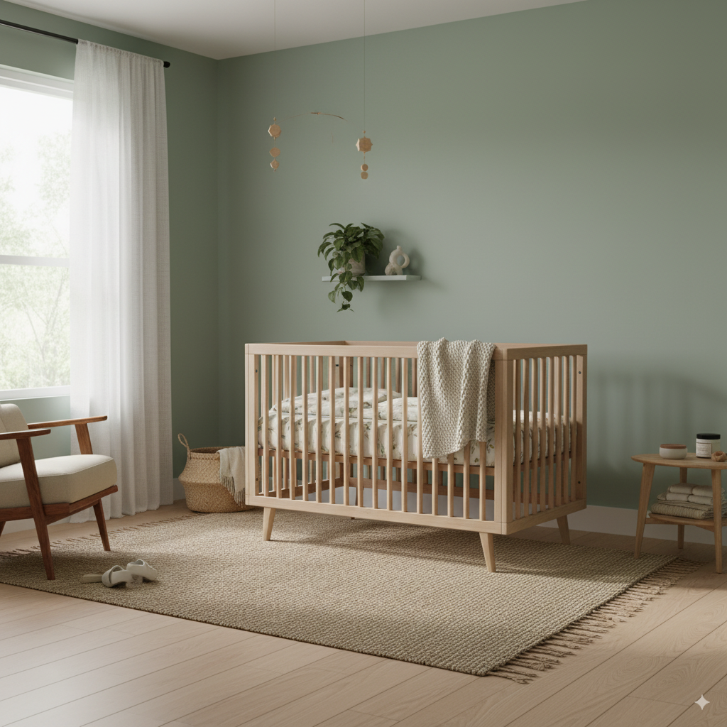 Minimalist eco-friendly nursery with wooden crib, organic cotton bedding, and bamboo rug in natural sunlight.