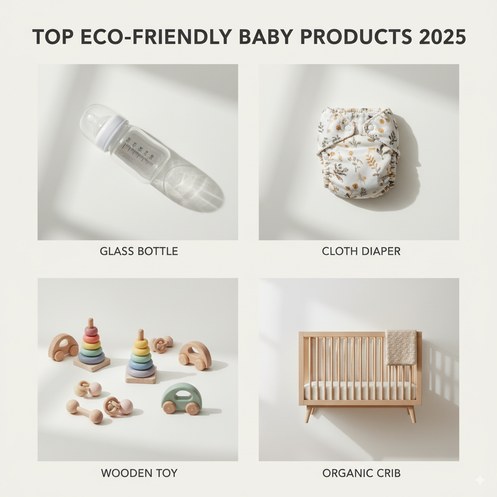 Collage of eco-friendly baby essentials for 2025 including glass bottle, cloth diapers, wooden toys, and non-toxic crib mattress