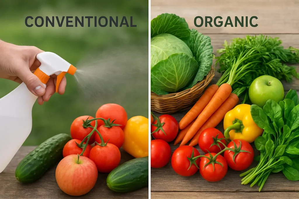 Side-by-side organic vs conventional baby food ingredients comparison 2025