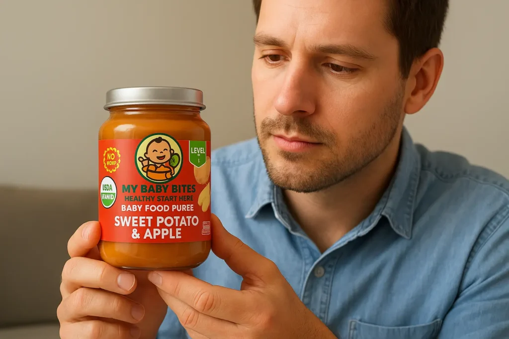 Parent reading organic baby food label showing ingredients and certification