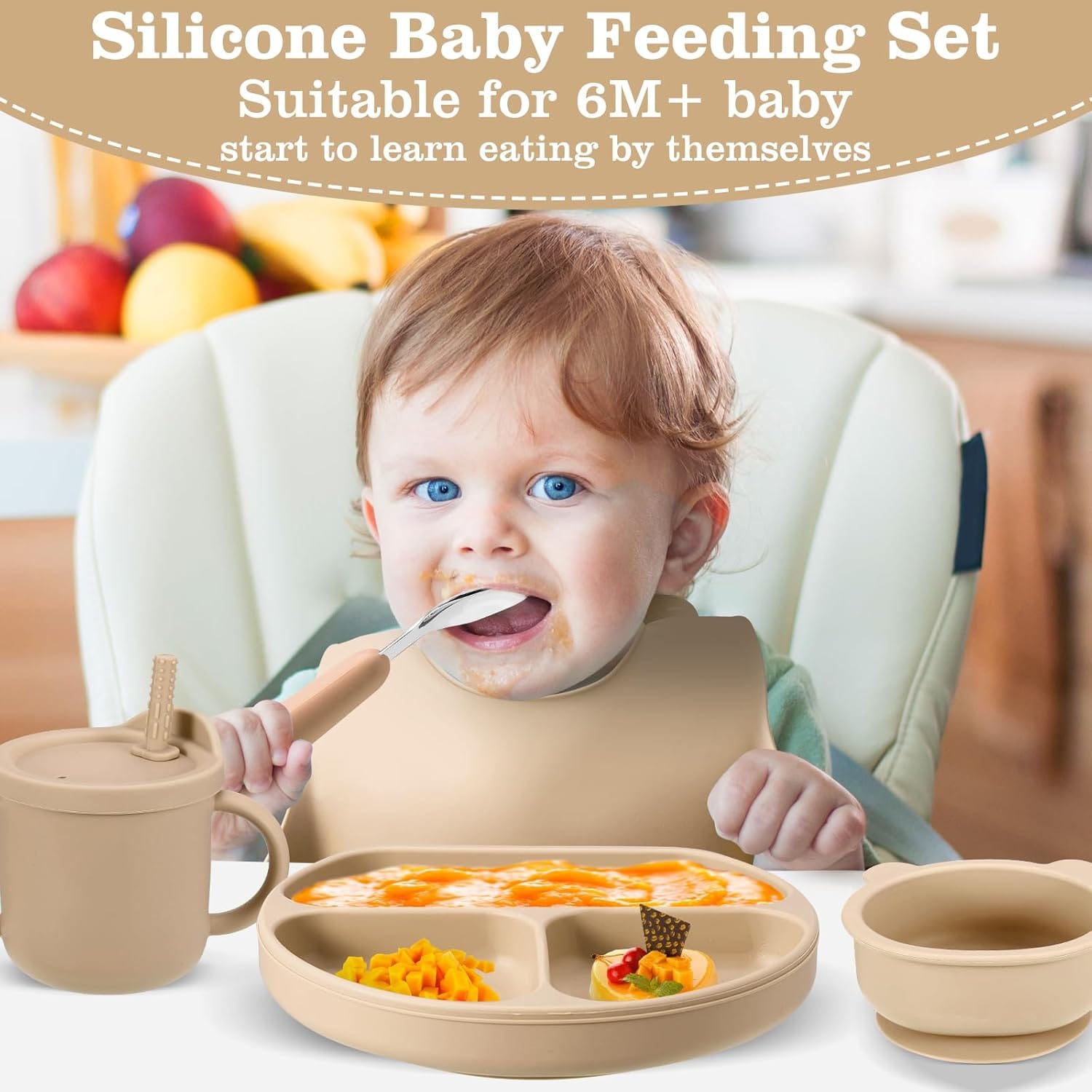 Silicone Baby Feeding Set – BPA-Free Bowl, Spoon & Bib(8pcs) - Image 4