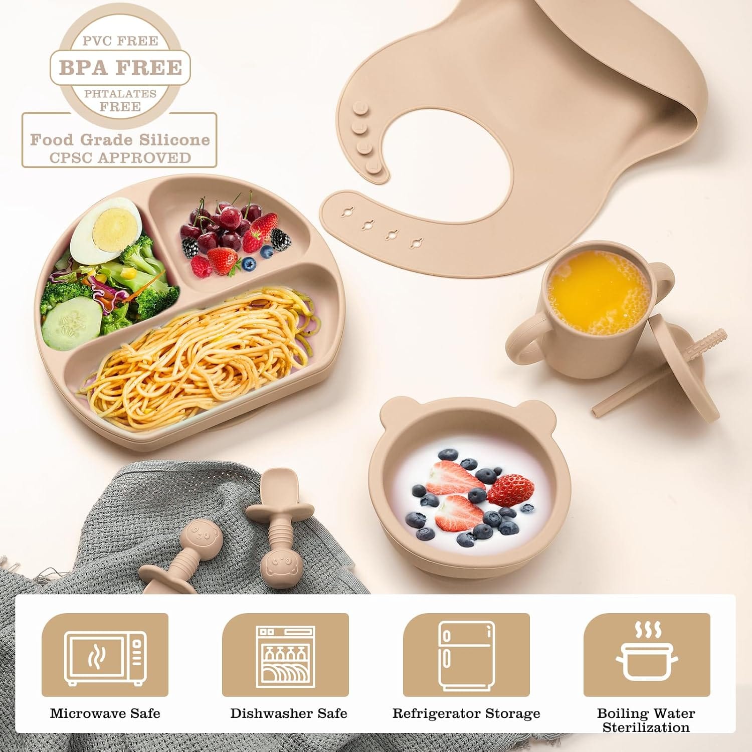 Silicone Baby Feeding Set – BPA-Free Bowl, Spoon & Bib(8pcs) - Image 2