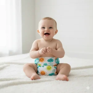 Smiling baby sitting on a soft blanket wearing the best cloth diapers 2025