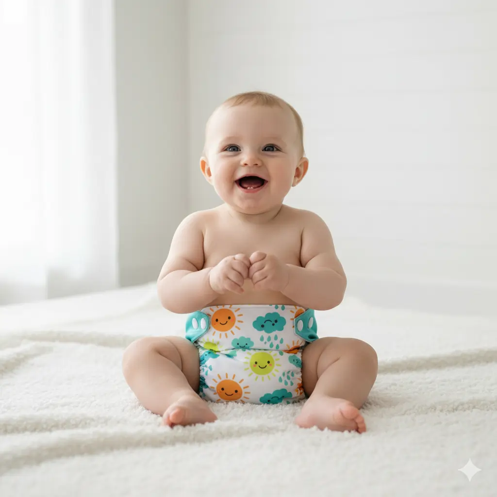 Smiling baby sitting on a soft blanket wearing the best cloth diapers 2025