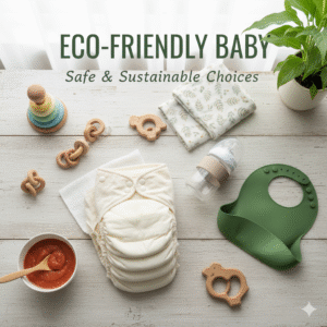 Eco-friendly baby products flat lay including cloth diapers, bamboo wipes, glass bottles, and wooden toys on a wooden background.