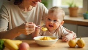 Parent feeding baby organic baby food guide puree with fresh organic fruits and vegetables