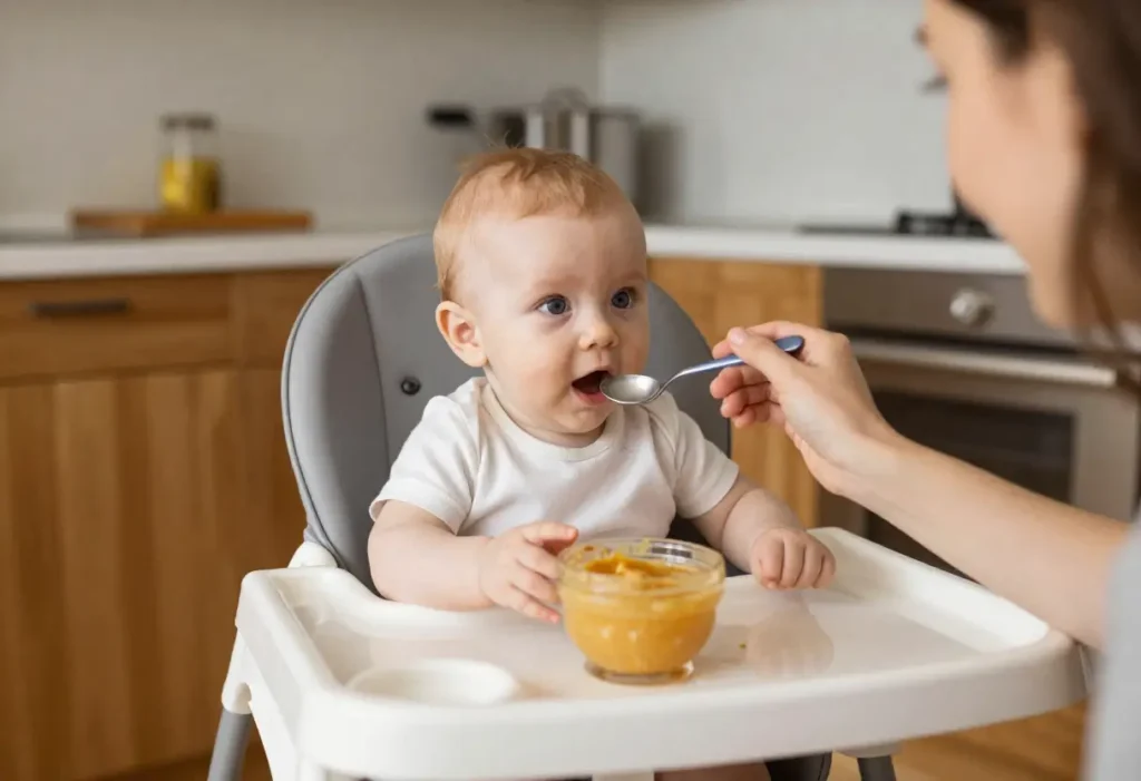 baby tasting first puree with a spoon