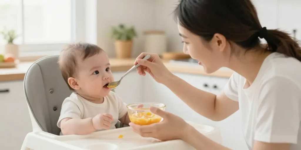Parent feeding best organic baby food for 6 month old baby with spoon, baby in high chair, healthy puree, natural light